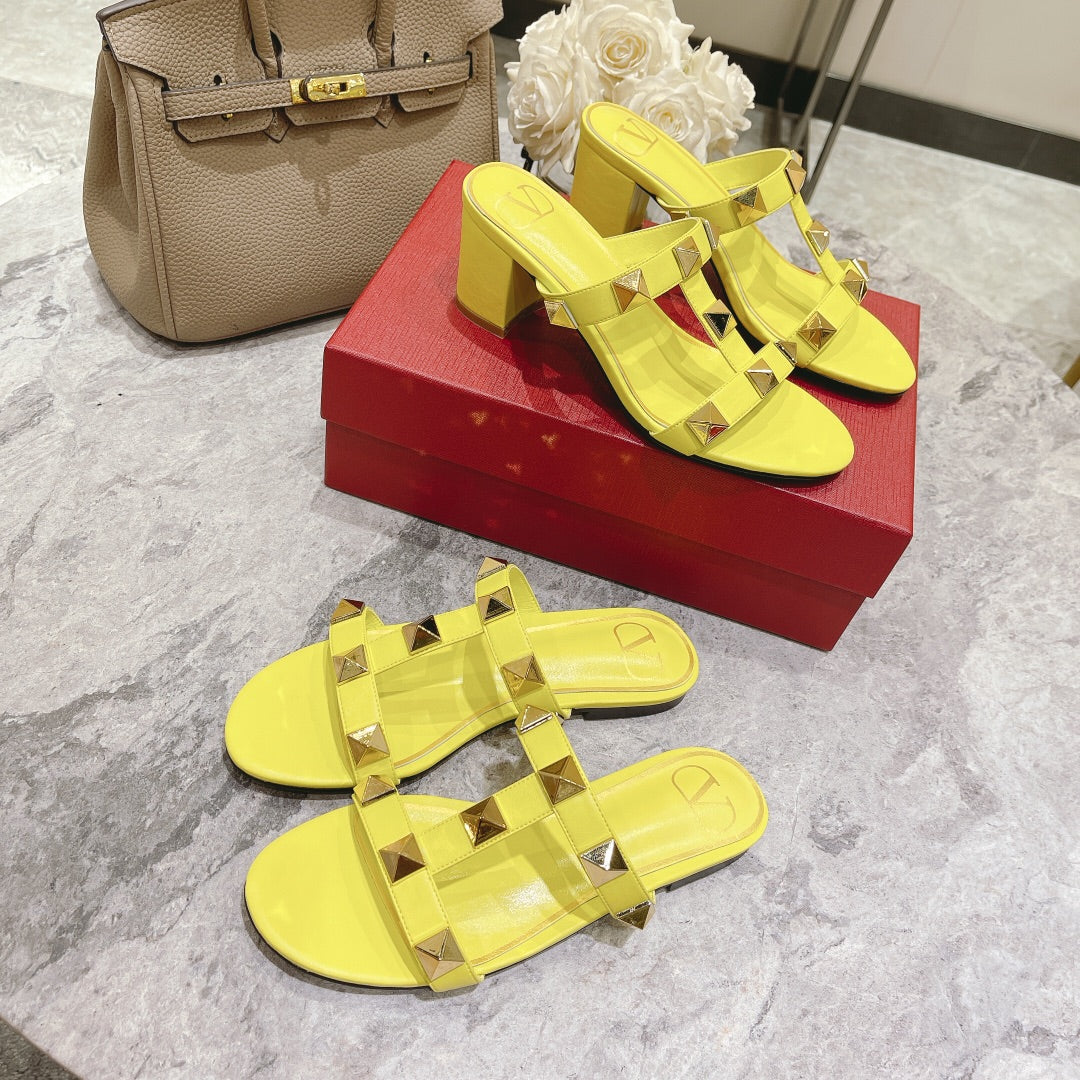 ROMAN STUD BRIGHT YELLOW CALFSKIN FLAT SLIDE SANDAL 25 MM