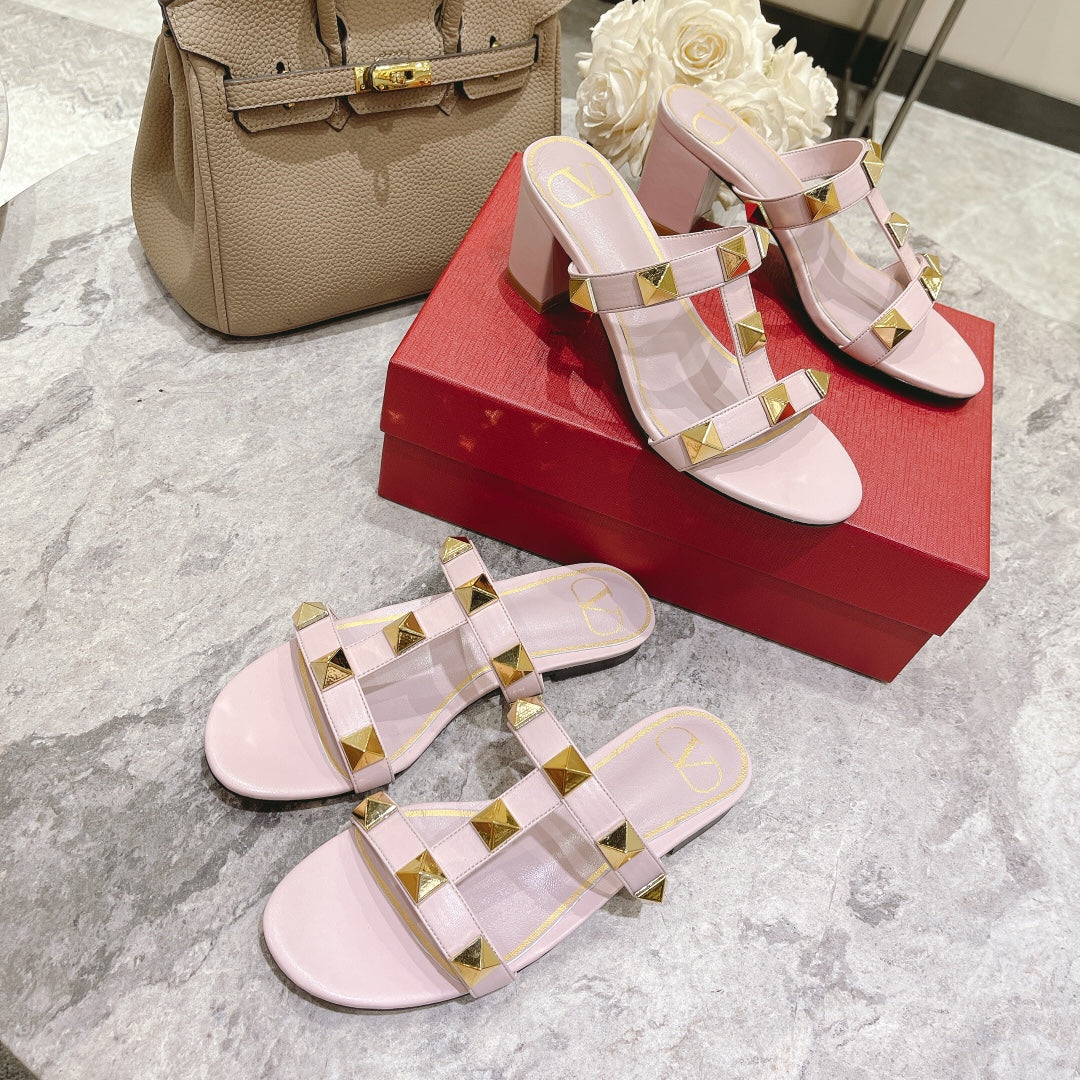 ROMAN STUD LIGHT PINK CALFSKIN FLAT SLIDE SANDAL 25 MM