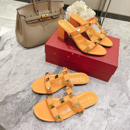 ROMAN STUD MANGO ORANGE CALFSKIN SLIDE SANDAL 60 MM