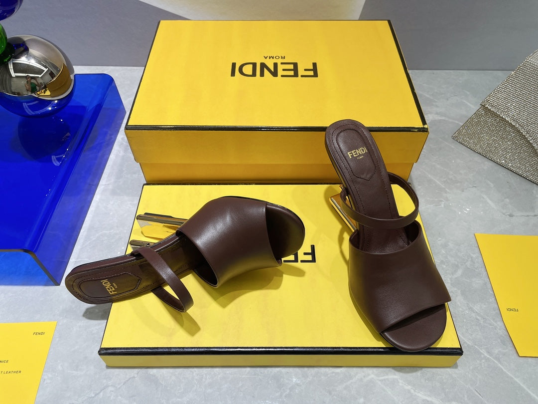 FENDI FIRST 95 MM HIGH-HEELED SANDAL IN CHOCOLATE BROWN LAMBSKIN GOLD HARDWARE