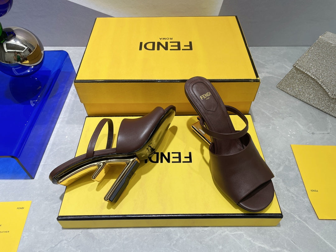 FENDI FIRST 95 MM HIGH-HEELED SANDAL IN CHOCOLATE BROWN LAMBSKIN GOLD HARDWARE
