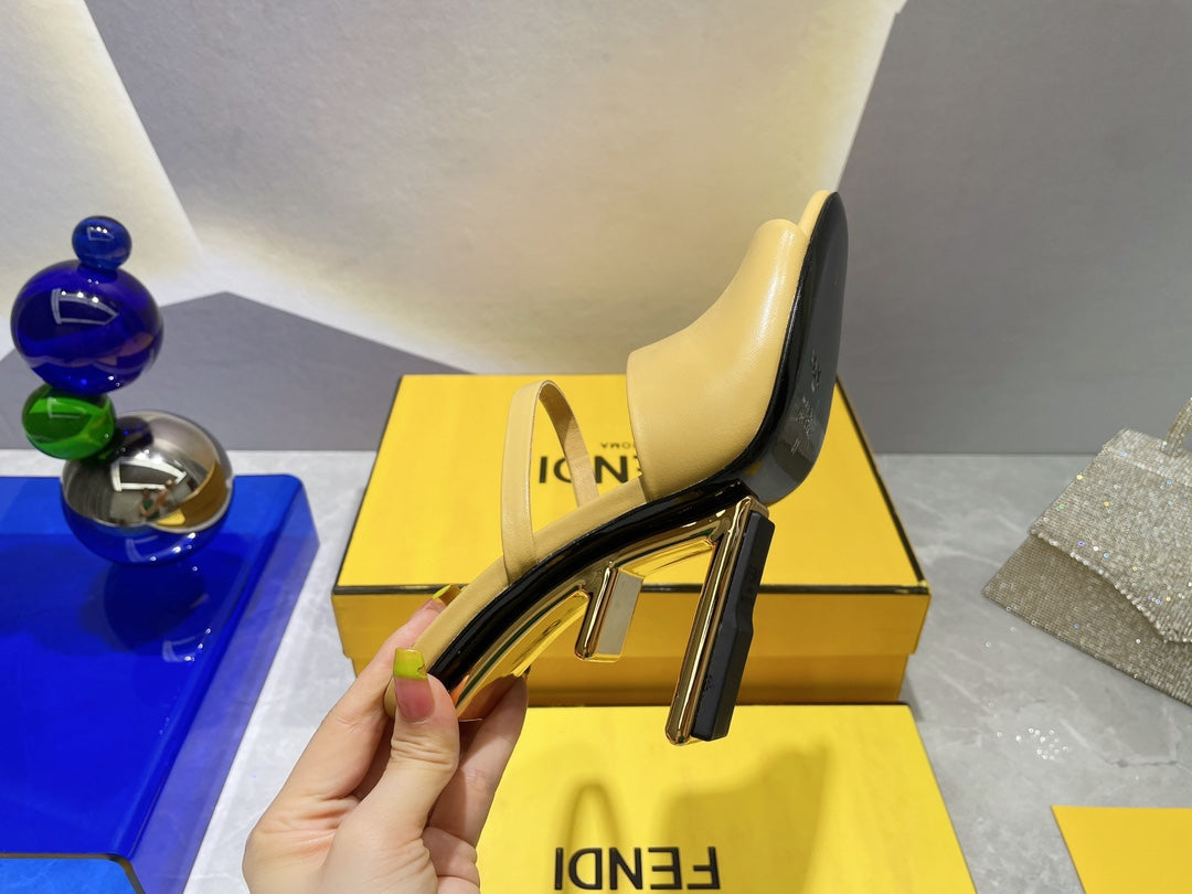 FENDI FIRST 95 MM HIGH-HEELED SANDAL IN MUSTARD YELLOW LAMBSKIN GOLD HARDWARE
