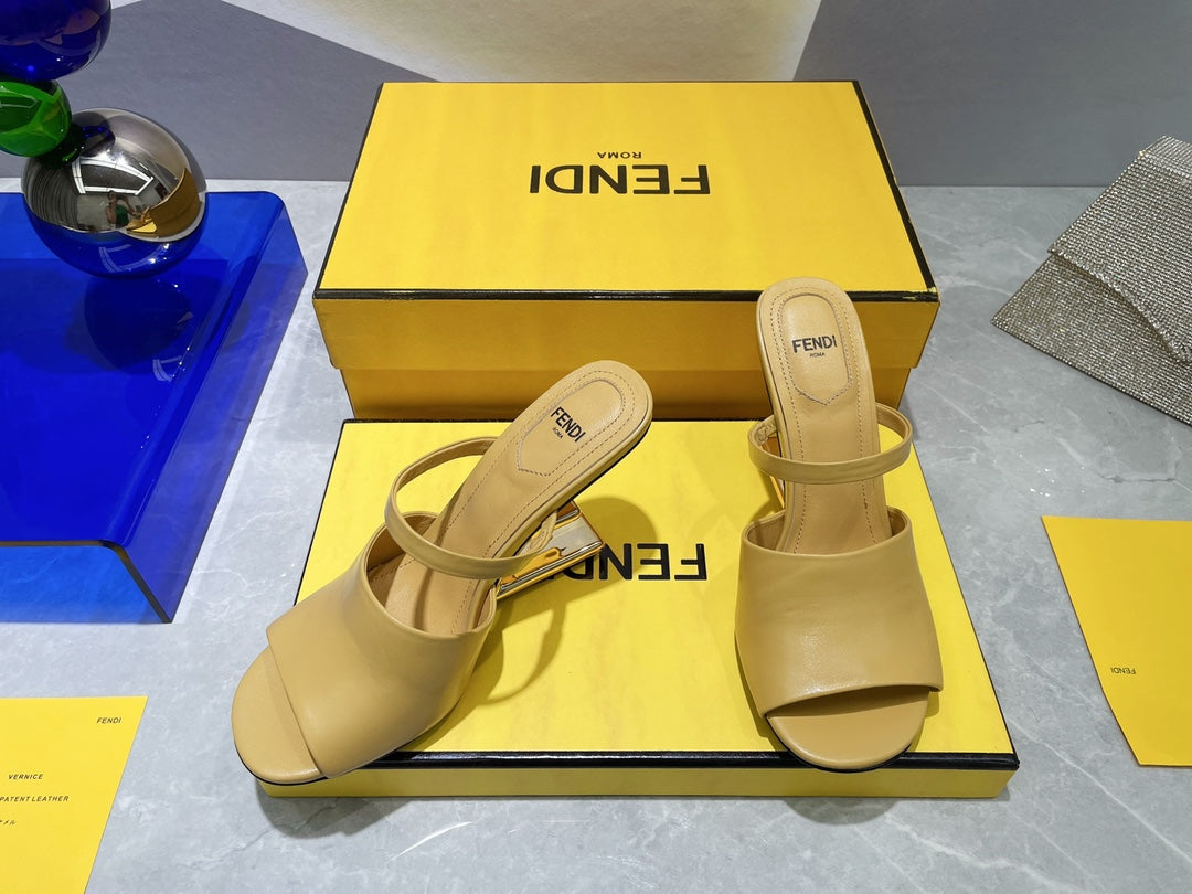 FENDI FIRST 95 MM HIGH-HEELED SANDAL IN MUSTARD YELLOW LAMBSKIN GOLD HARDWARE