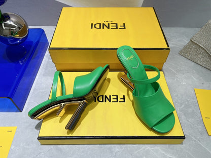 FENDI FIRST 95 MM HIGH-HEELED SANDAL IN EMERAKD GREEN LAMBSKIN GOLD HARDWARE
