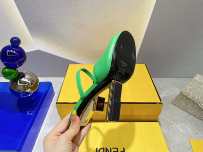 FENDI FIRST 95 MM HIGH-HEELED SANDAL IN EMERAKD GREEN LAMBSKIN GOLD HARDWARE