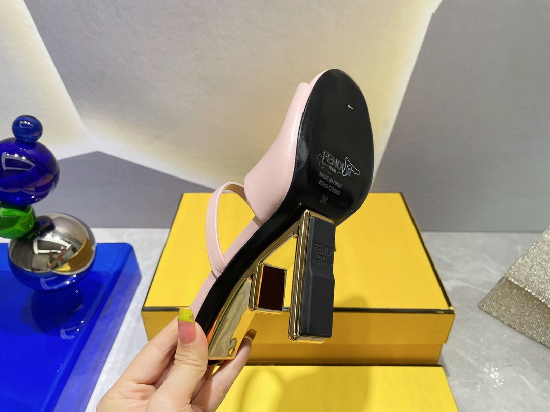 FENDI FIRST 95 MM HIGH-HEELED SANDAL IN BABY PINK LAMBSKIN GOLD HARDWARE