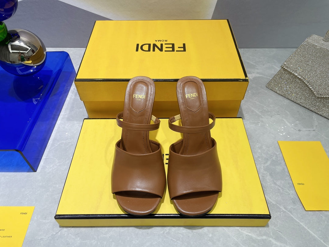 FENDI FIRST 95 MM HIGH-HEELED SANDAL IN SEPIA BROWN LAMBSKIN GOLD HARDWARE