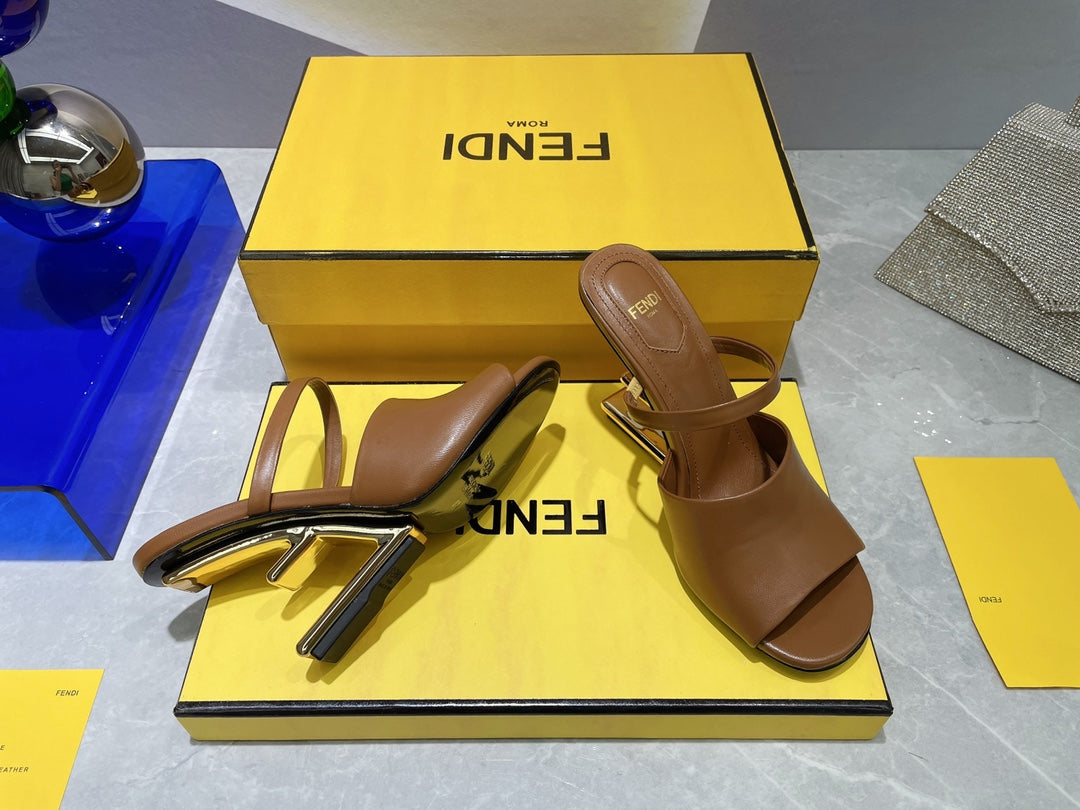 FENDI FIRST 95 MM HIGH-HEELED SANDAL IN SEPIA BROWN LAMBSKIN GOLD HARDWARE