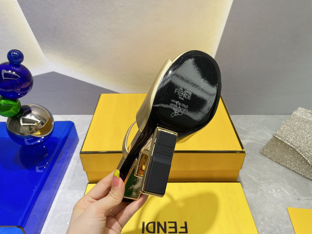 FENDI FIRST 95 MM HIGH-HEELED SANDAL IN GOLDEN LAMBSKIN GOLD HARDWARE