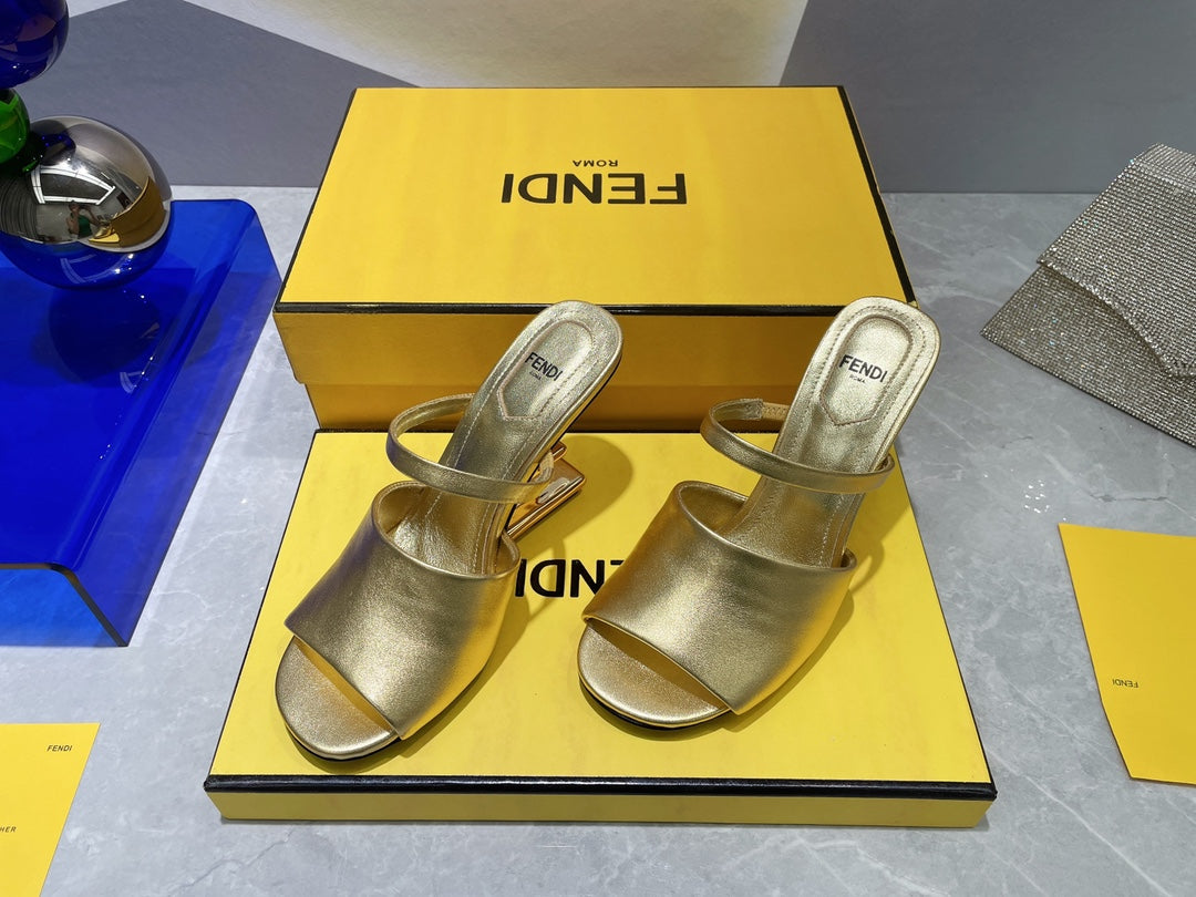 FENDI FIRST 95 MM HIGH-HEELED SANDAL IN GOLDEN LAMBSKIN GOLD HARDWARE
