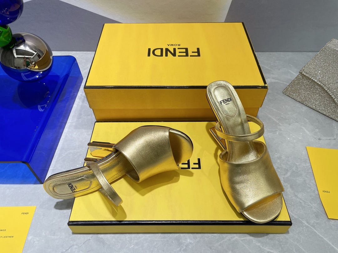 FENDI FIRST 95 MM HIGH-HEELED SANDAL IN GOLDEN LAMBSKIN GOLD HARDWARE