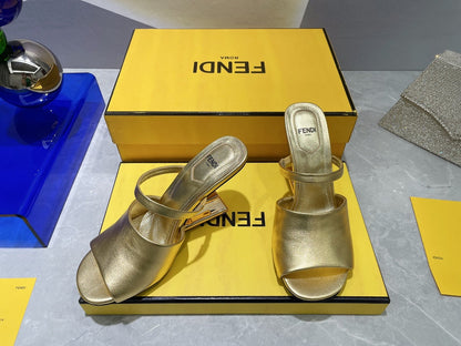 FENDI FIRST 95 MM HIGH-HEELED SANDAL IN GOLDEN LAMBSKIN GOLD HARDWARE