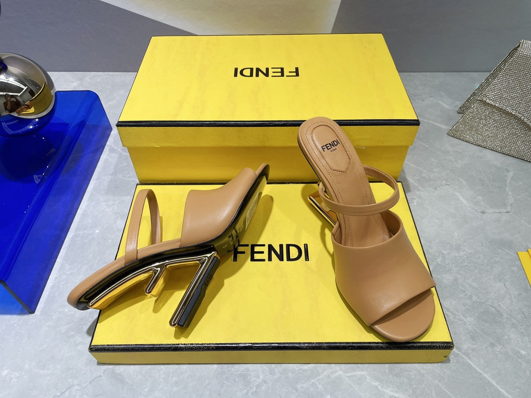 FENDI FIRST 95 MM HIGH-HEELED SANDAL IN CAMEL BROWN LAMBSKIN GOLD HARDWARE