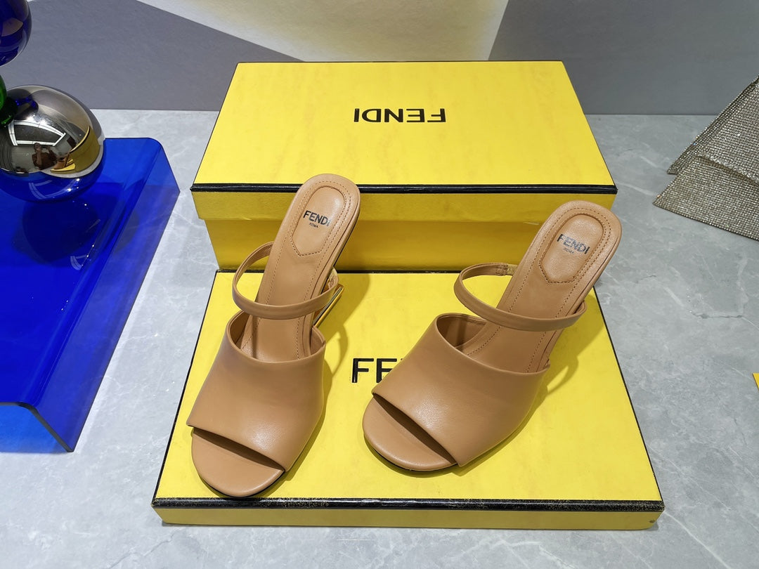 FENDI FIRST 95 MM HIGH-HEELED SANDAL IN CAMEL BROWN LAMBSKIN GOLD HARDWARE