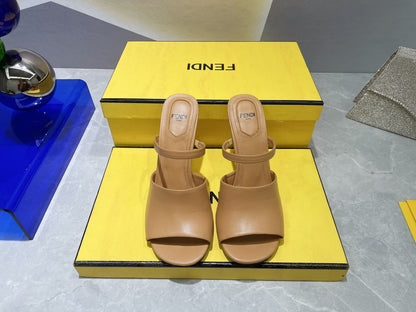 FENDI FIRST 95 MM HIGH-HEELED SANDAL IN CAMEL BROWN LAMBSKIN GOLD HARDWARE