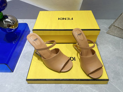 FENDI FIRST 95 MM HIGH-HEELED SANDAL IN CAMEL BROWN LAMBSKIN GOLD HARDWARE