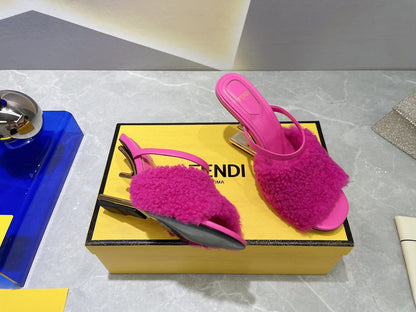FENDI FIRST HIGH HEEL 95 MM SANDAL IN BRIGHT PINK MINK FUR