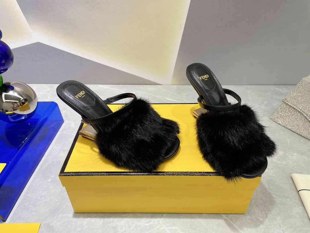 FENDI FIRST HIGH HEEL 95 MM SANDAL IN BLACK MINK FUR