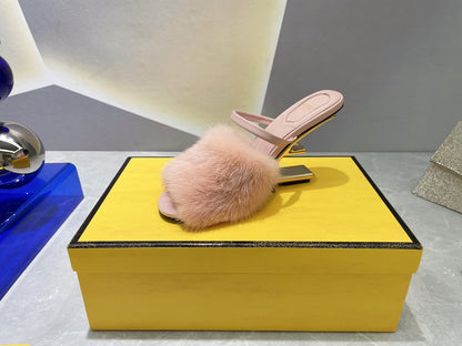FENDI FIRST HIGH HEEL 95 MM SANDAL IN LIGHT PINK MINK FUR