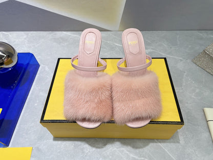 FENDI FIRST HIGH HEEL 95 MM SANDAL IN LIGHT PINK MINK FUR