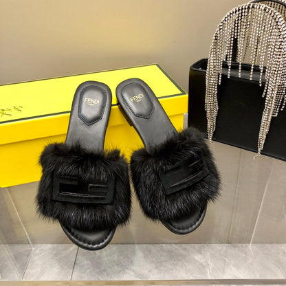 FENDI BAGUETTE MINK SLIDE SLIPPER IN BLACK FUR