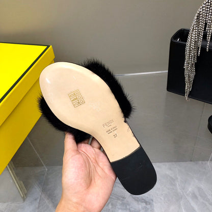 FENDI BAGUETTE MINK SLIDE SLIPPER IN BLACK FUR