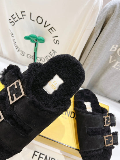 FENDI DAD SANDAL MULE IN BLACK SUEDE WITH FLEECE WITH GOLD HARDWARE