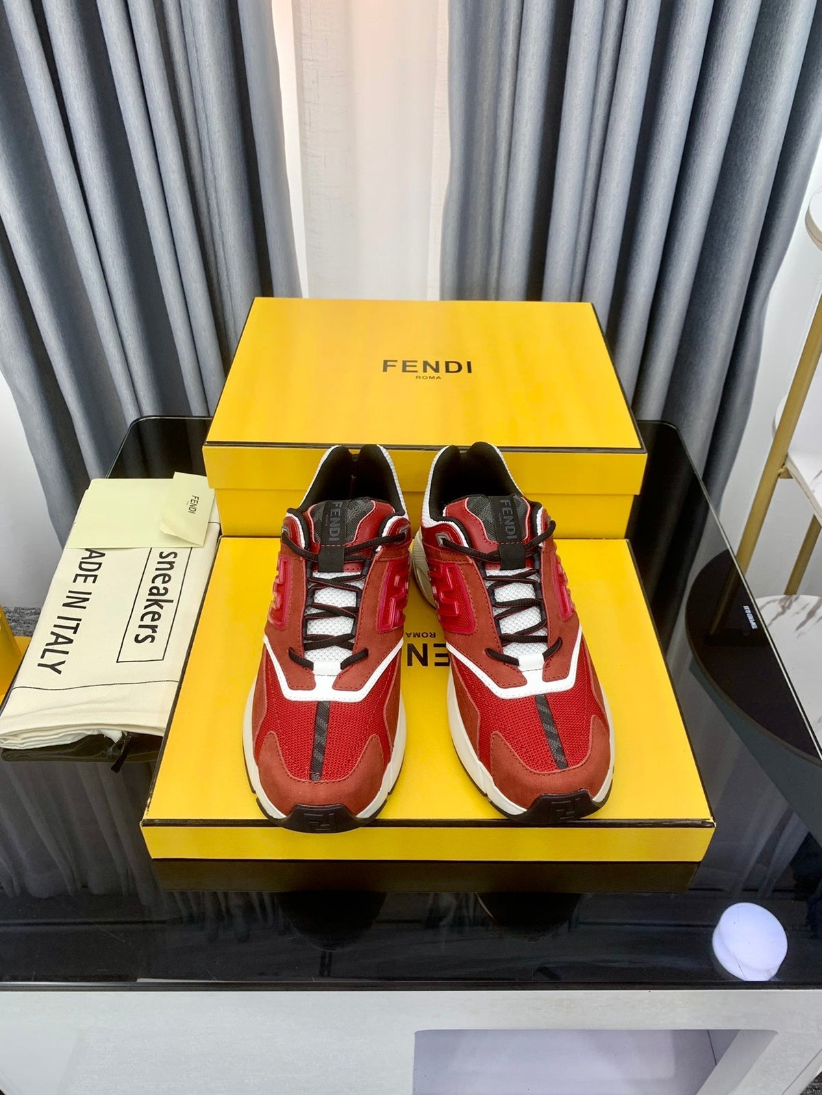 FENDI FASTER TRAINER IN BURGUNDY RED SUEDE AND CALFSKIN