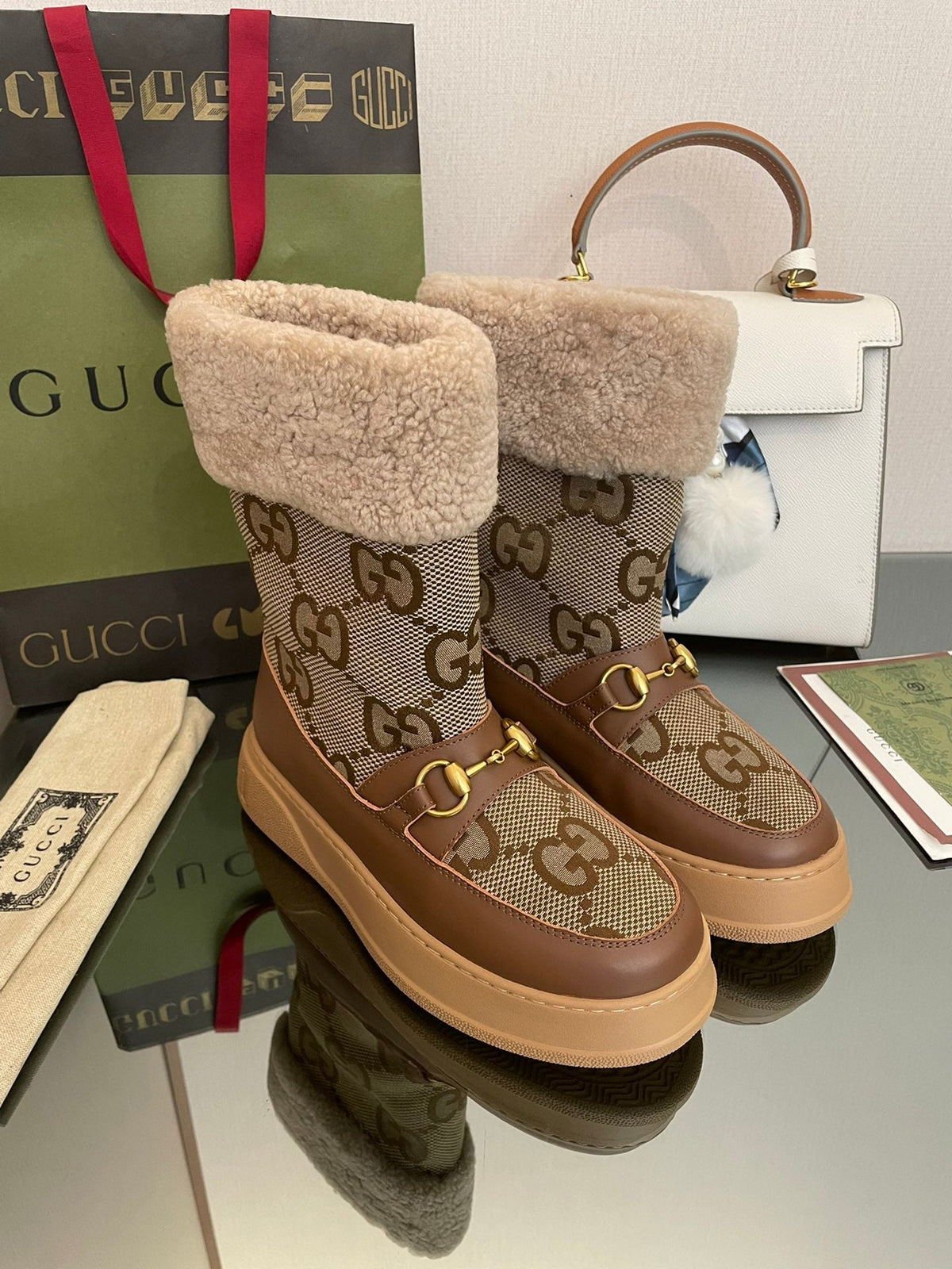 HORSEBIT SNOW ANKLE BOOTS IN ECRU BEIGE MONOGRAM JACQUARD FABRIC MIX BROWN CALFSKIN AND LAMB WOOL LINING