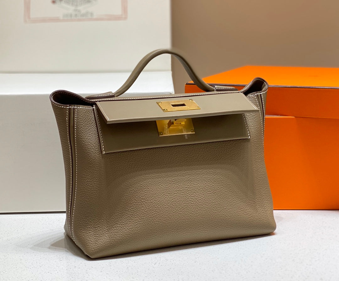 MINI 24/24 29CM IN TOGO ETOUPE EVERCOLOR CALFSKIN GOLD KELLY BUCKLE