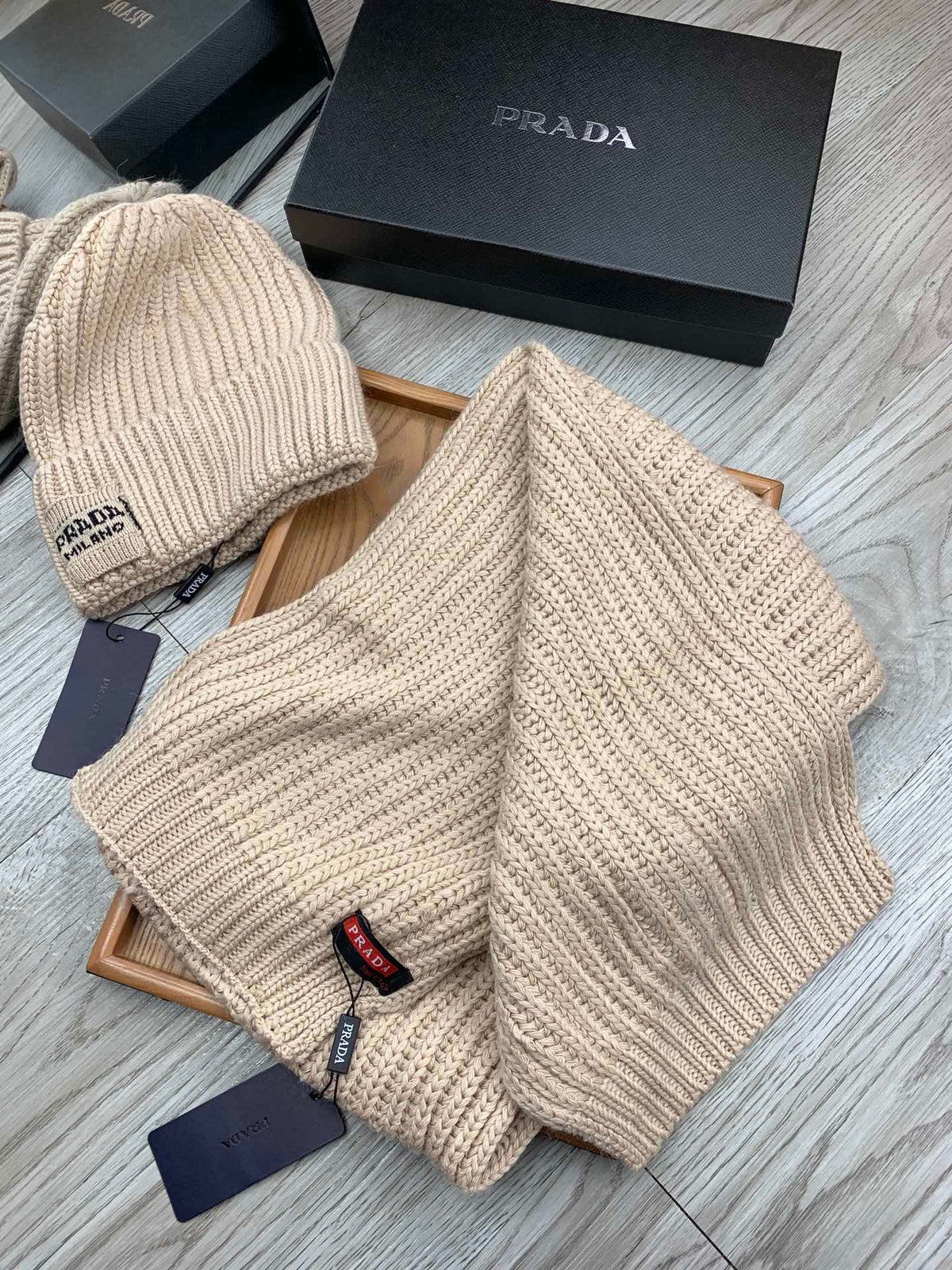 SET SCARF AND HAT IN SAND BROWN WOOL AND RABBIT FUR 388990