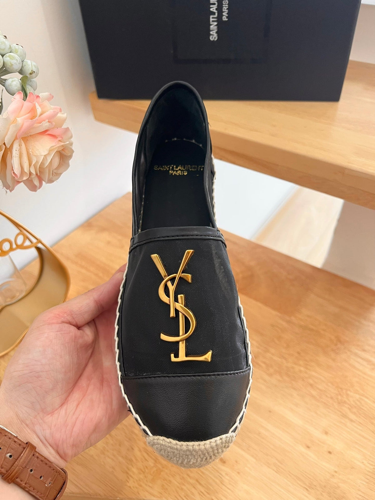 SL YVES LOGO SLIP ON BLACK CALFSKIN AND MESH