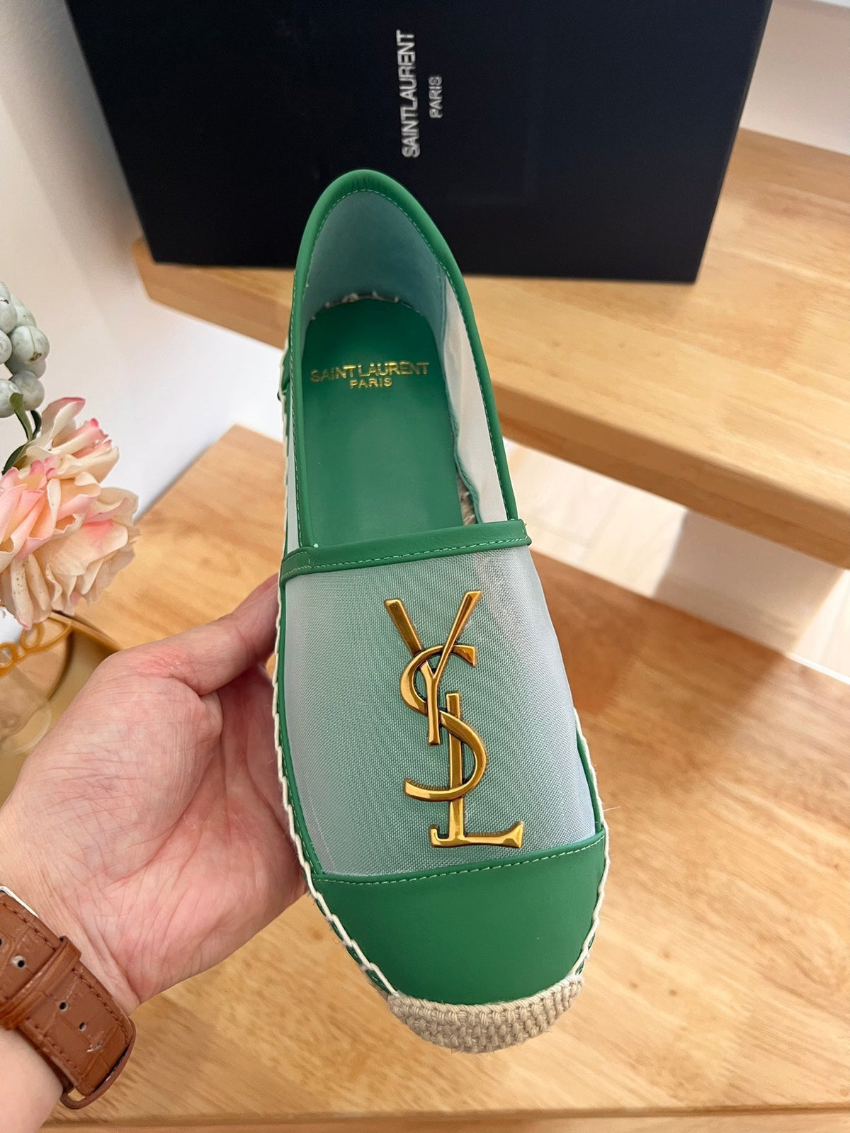 SL YVES LOGO SLIP ON DARK GREEN CALFSKIN AND MESH