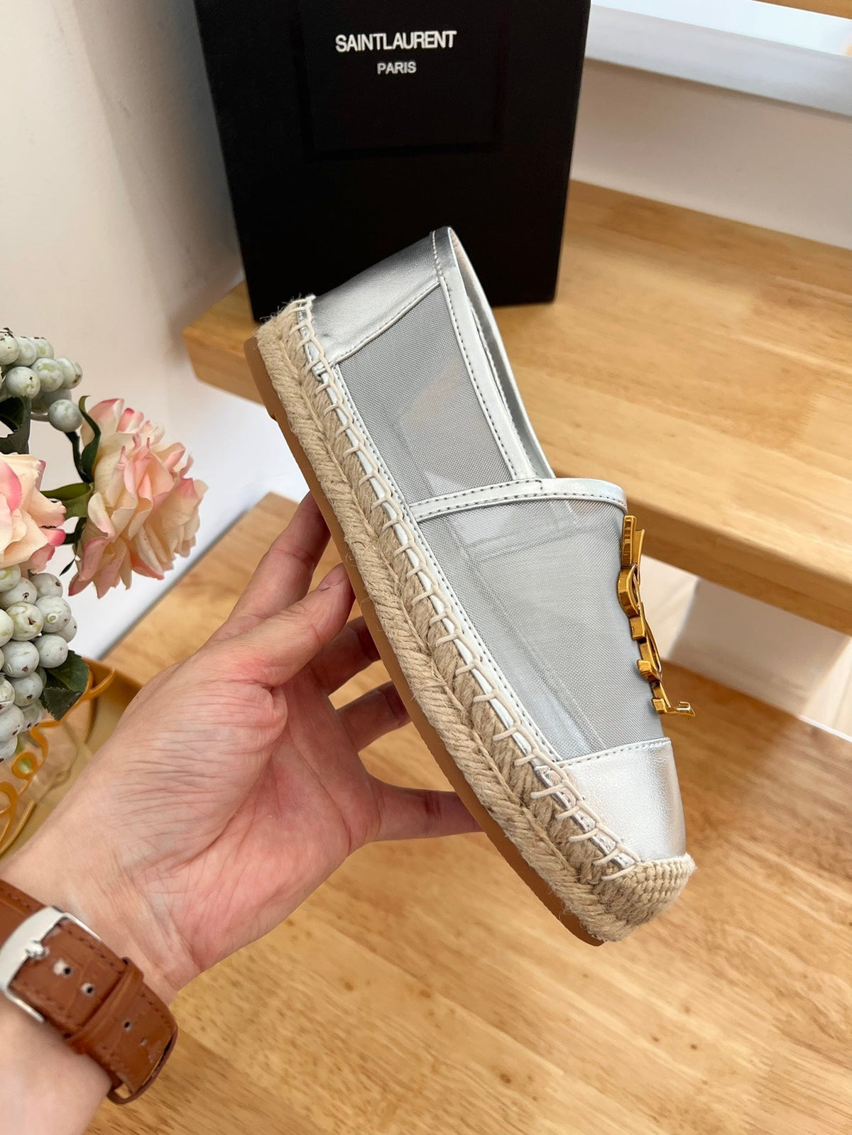 SL YVES LOGO SLIP ON SILVER CALFSKIN AND MESH