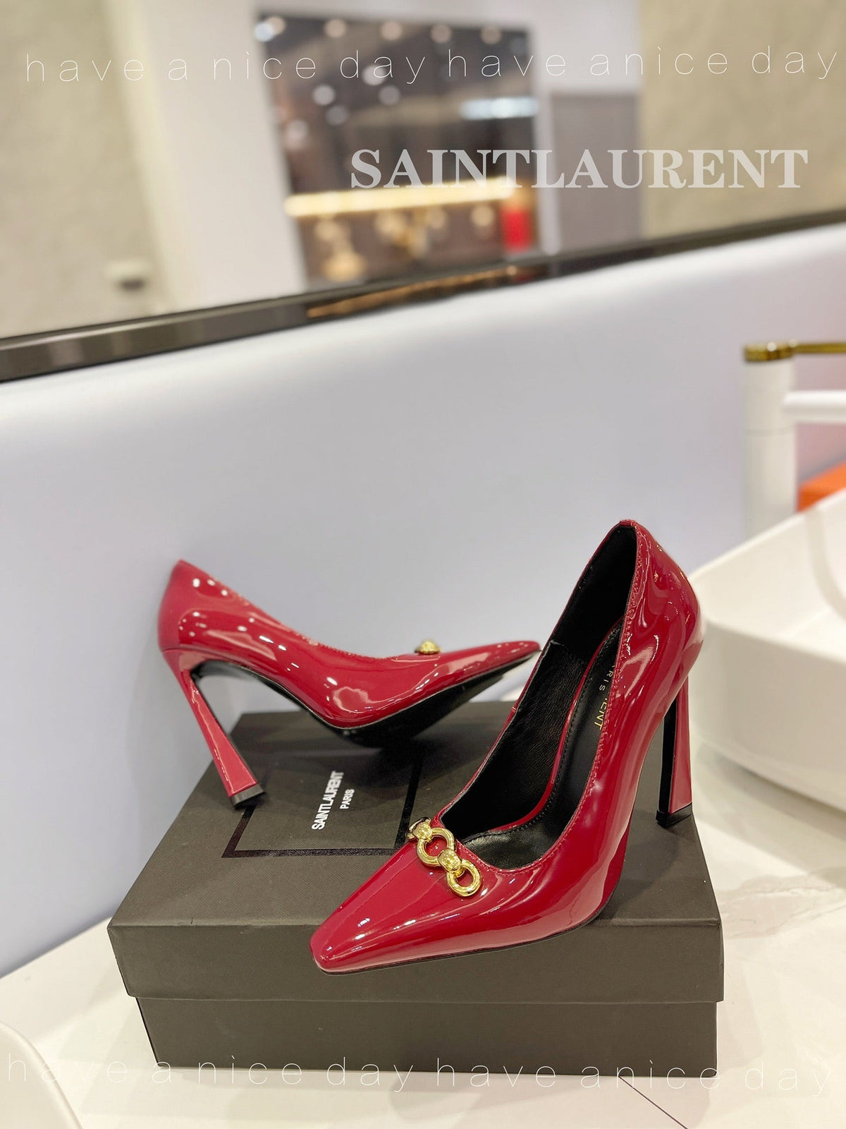 SL SILVANA CHAIN PUMPS GLOSSY RED CALFSKIN