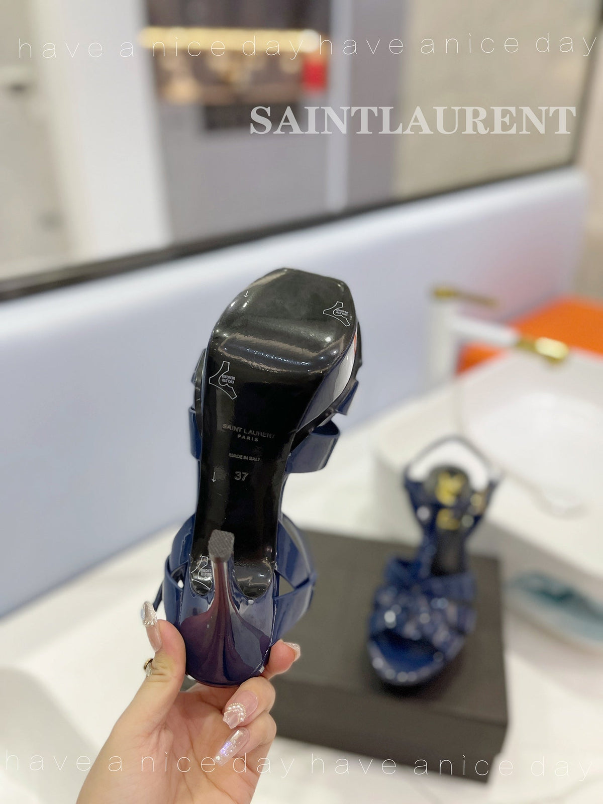 SL TRIBUTE POINED TOE SANDALS GLOSSY NAVY CALFSKIN