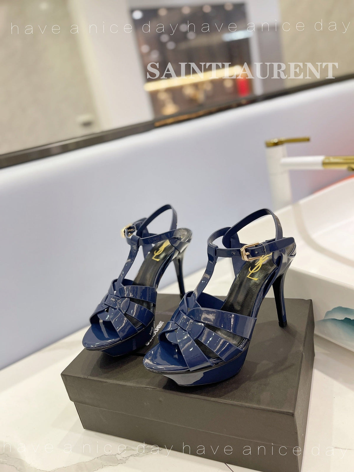 SL TRIBUTE POINED TOE SANDALS GLOSSY NAVY CALFSKIN