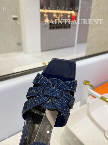 SL TRIBUTE CRYSTAL SANDALS GLOSSY NAVY CALFSKIN