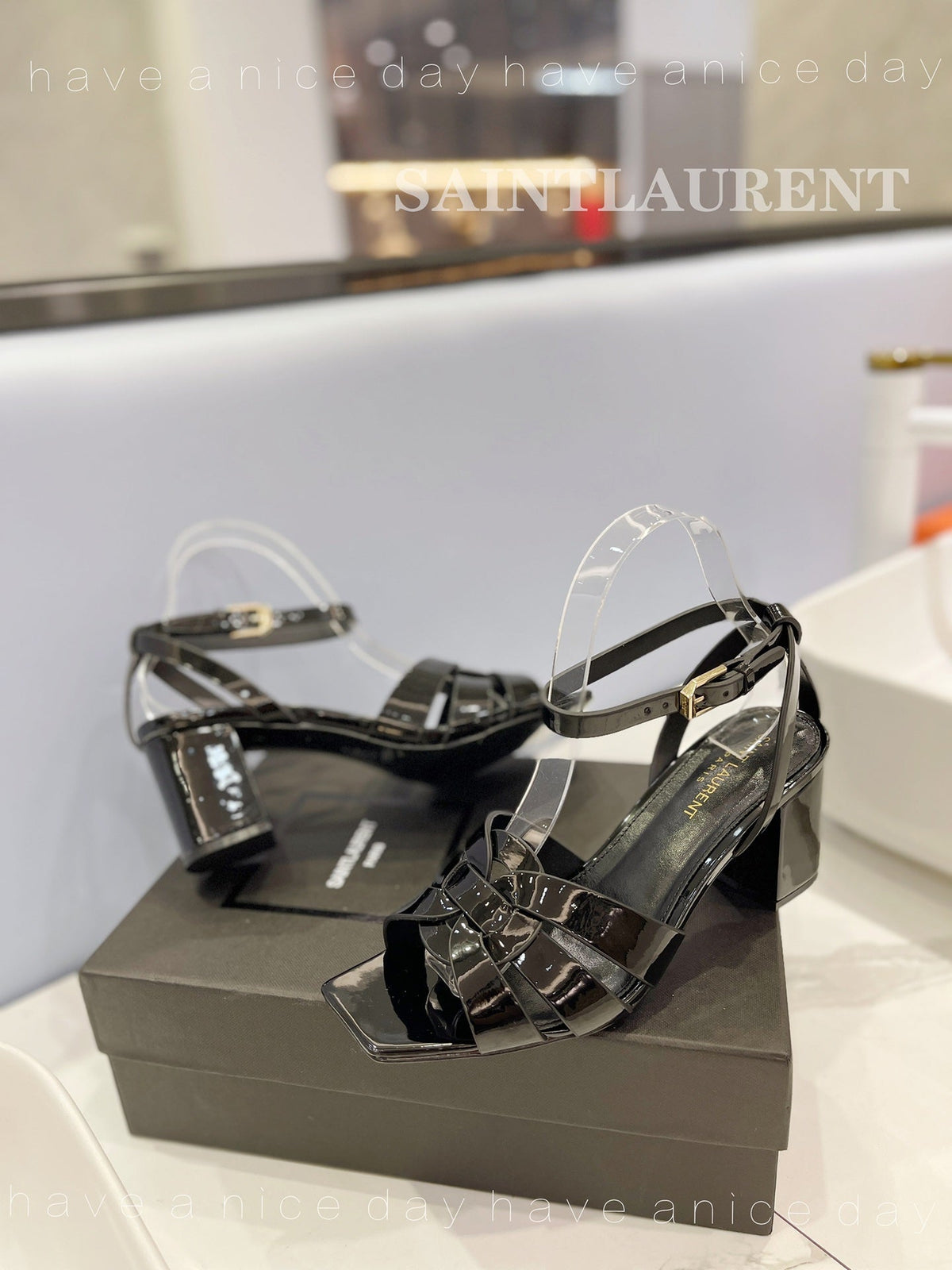 SL TRIBUTE SANDAL GLOSSY BLACK CALFSKIN