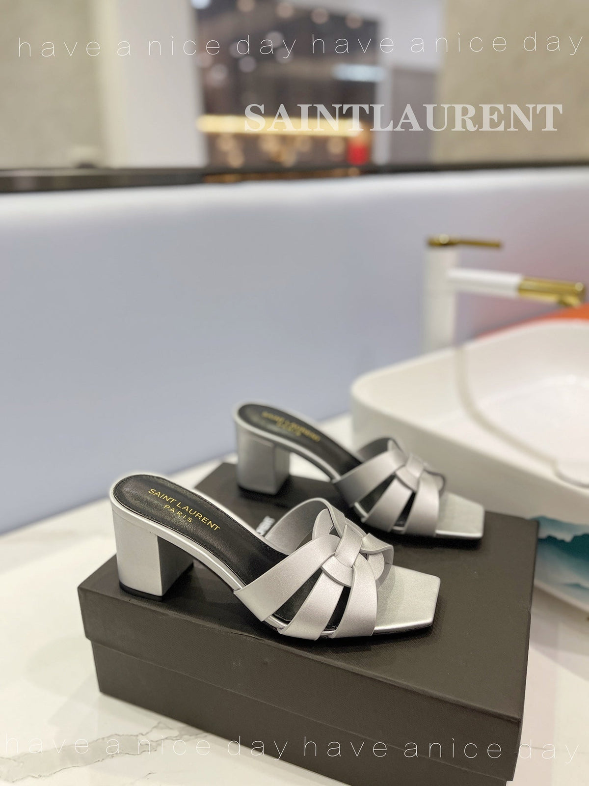 SL TRIBUTE MULES SILVER CALFSKIN