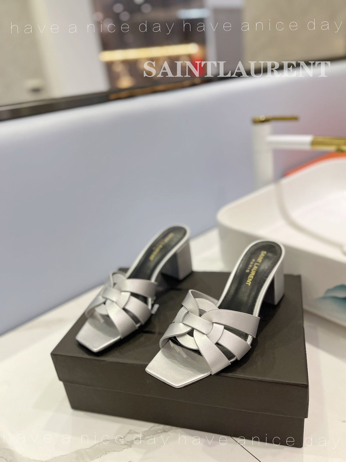 SL TRIBUTE MULES SILVER CALFSKIN