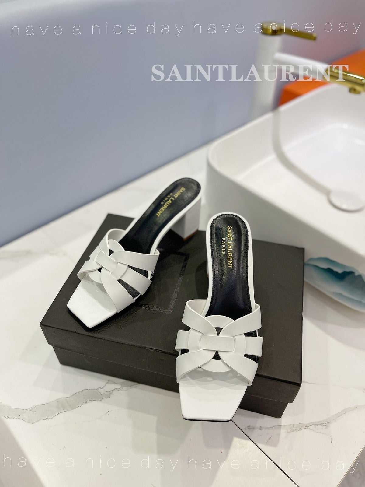 SL TRIBUTE MULES WHITE CALFSKIN