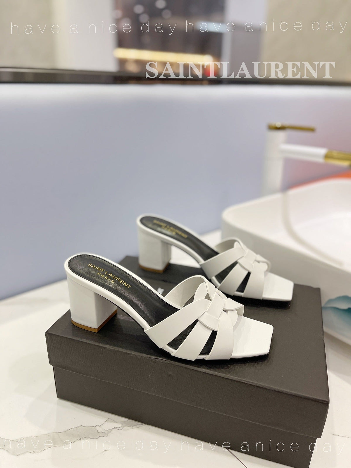 SL TRIBUTE MULES WHITE CALFSKIN