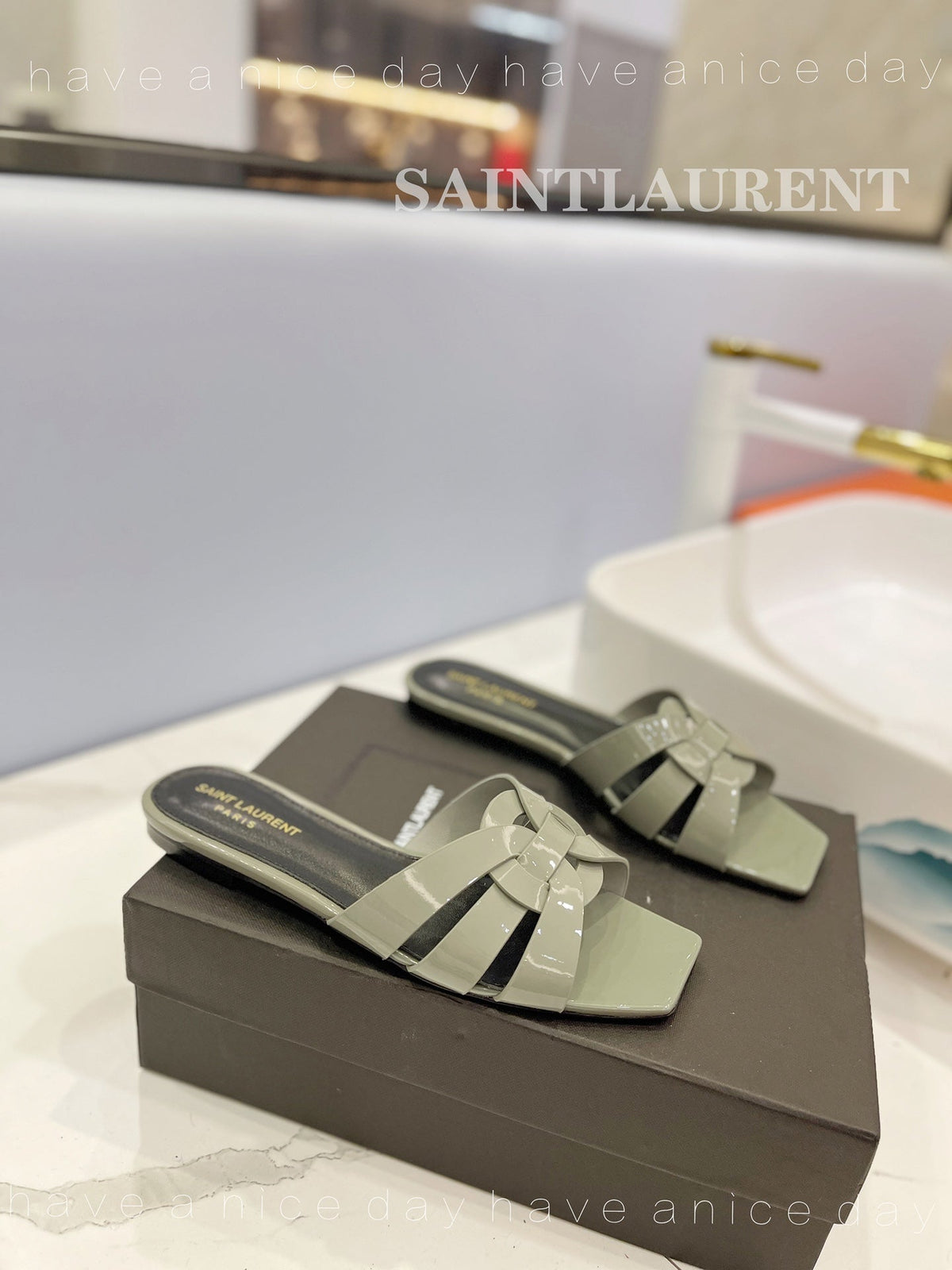 SL TRIBUTE SLIPPERS GLOSSY SAGE CALFSKIN