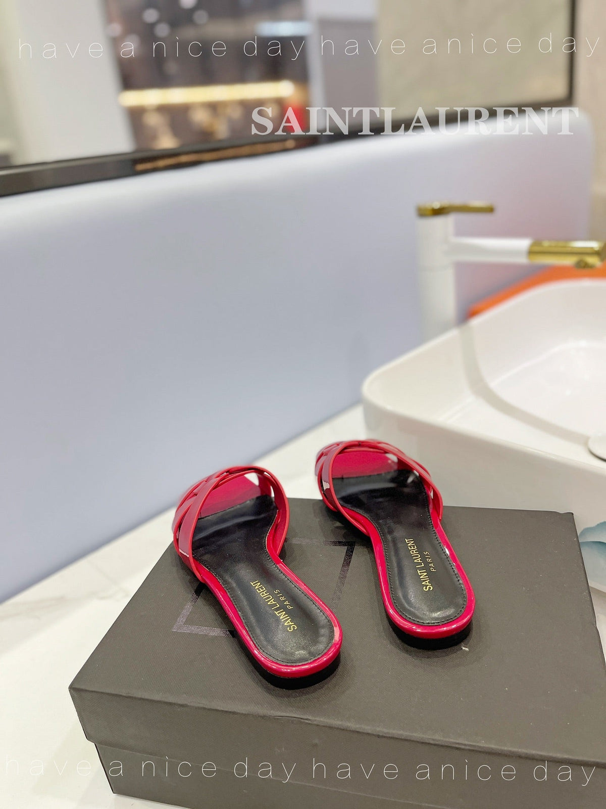 SL TRIBUTE SLIPPERS GLOSSY RED CALFSKIN