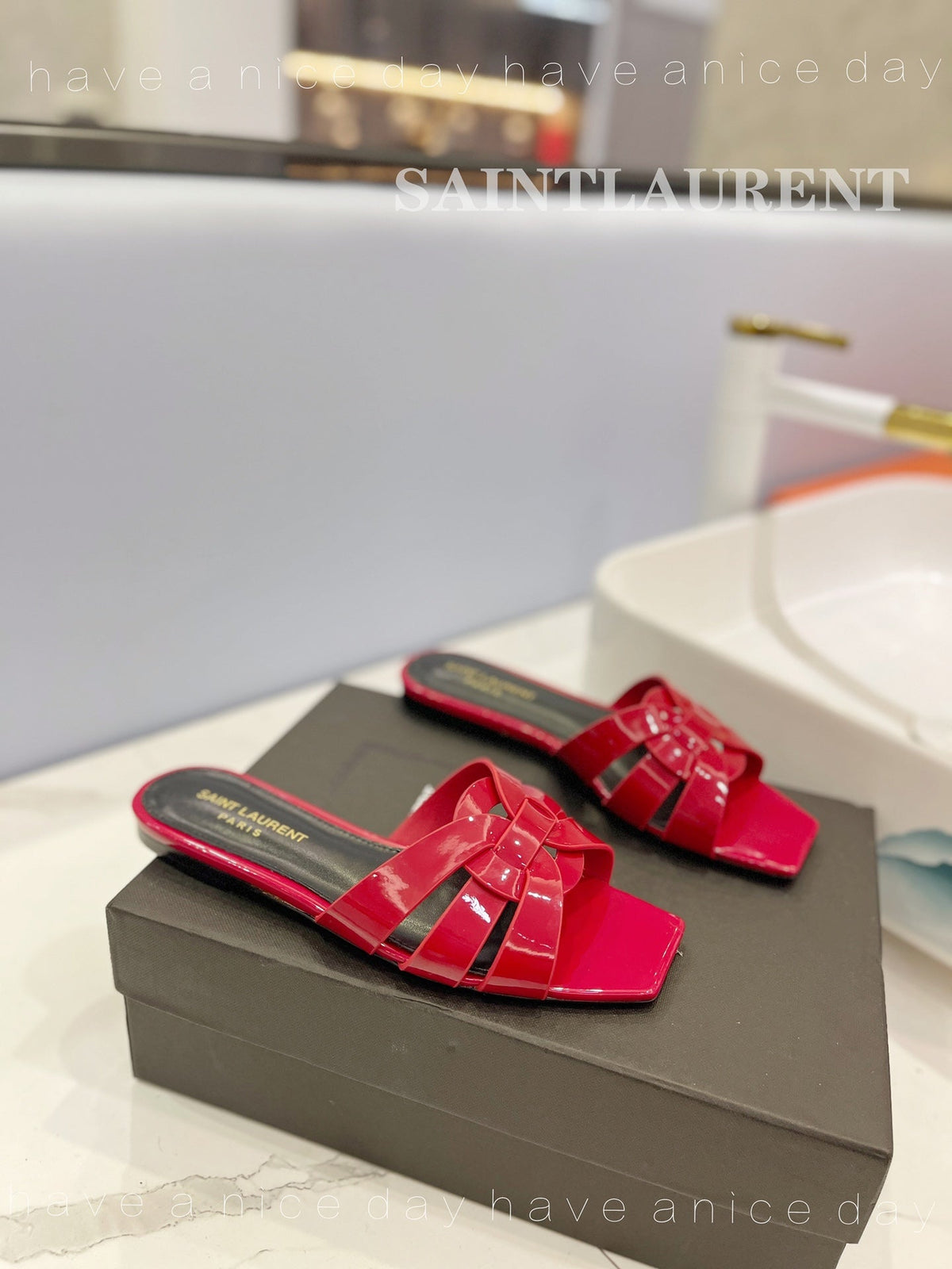 SL TRIBUTE SLIPPERS GLOSSY RED CALFSKIN