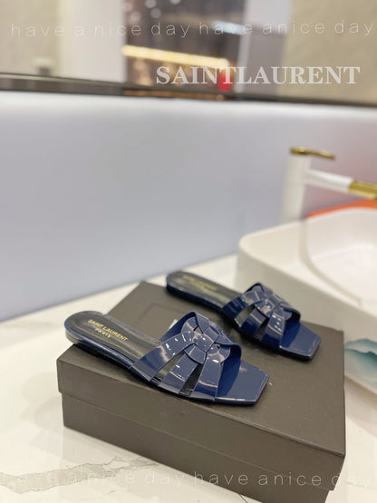 SL TRIBUTE SLIPPERS GLOSSY NAVY CALFSKIN