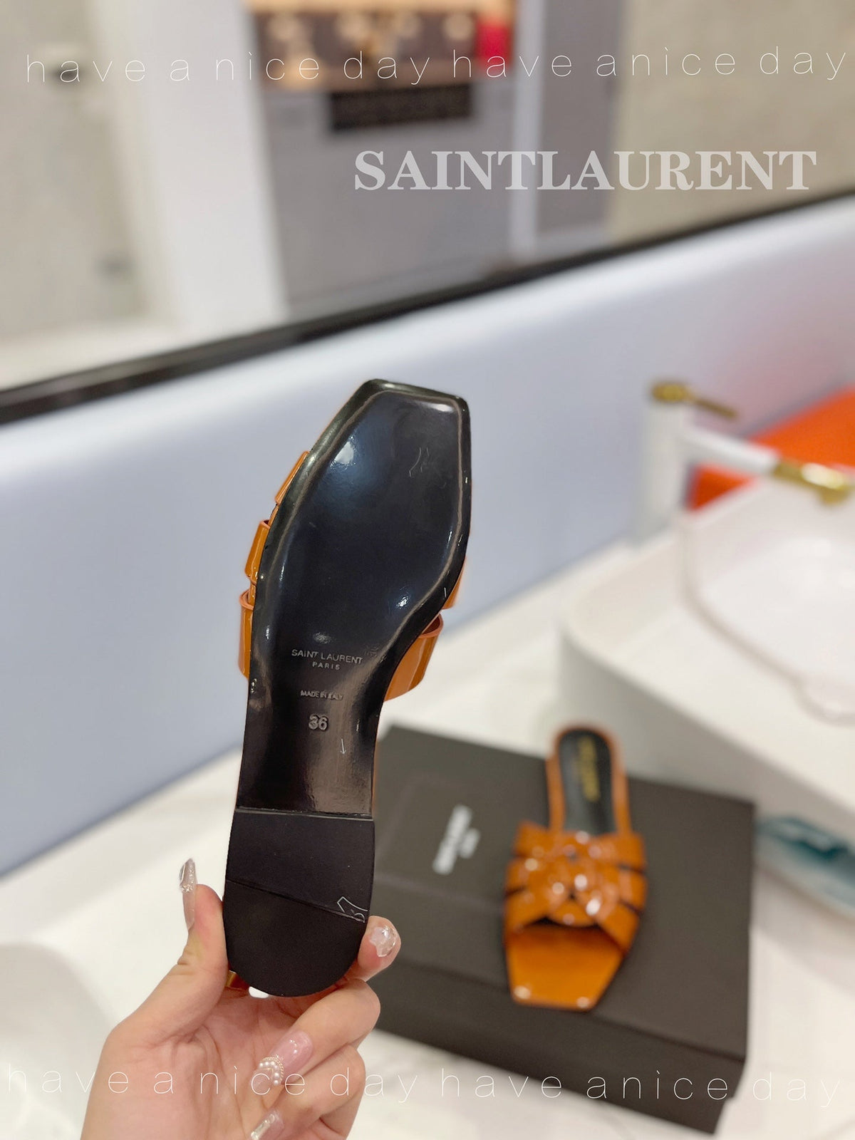 SL TRIBUTE SLIPPERS GLOSSY COPPER CALFSKIN