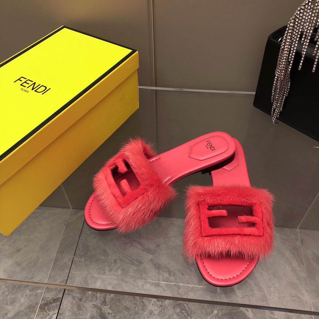 FENDI BAGUETTE MINK SLIDE SLIPPER IN CANDY RED FUR