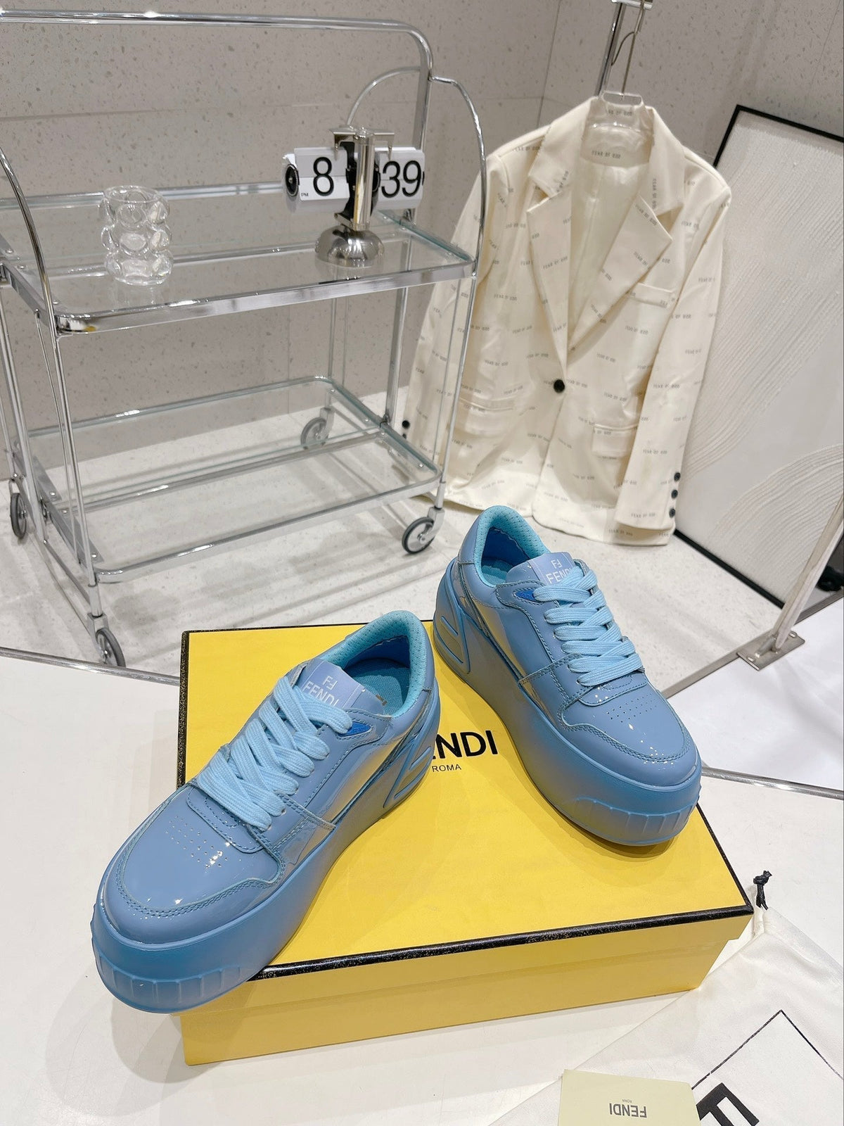 FENDI LOW-TOP TRAINER IN CERULEAN BLUE CALFSKIN
